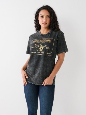 Camiseta True Religion Acid Wash Logo Relaxed Negras | 76YQATUIX