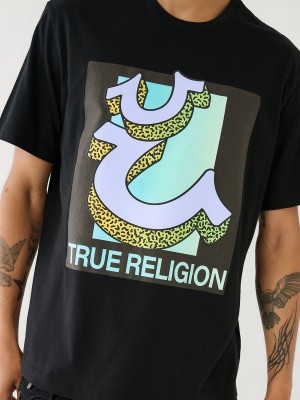 Camiseta True Religion Channel Estampadas Relaxed Negras | 76DKJNUSM