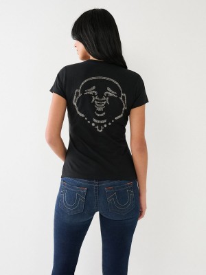 Camiseta True Religion Crystal Buddha Logo V Neck Negras | 18TECHNUV