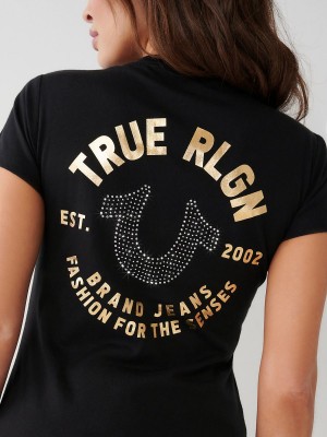 Camiseta True Religion Crystal Horseshoe V Negras | 23UEOFJXZ