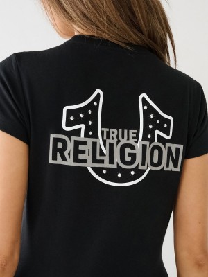 Camiseta True Religion Crystal Horseshoe Logo V Neck Negras | 21FKRWBCQ