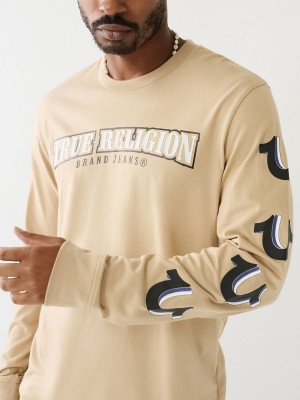 Camiseta True Religion Horseshoe Logo Long Sleeve Beige | 96RUZFSID