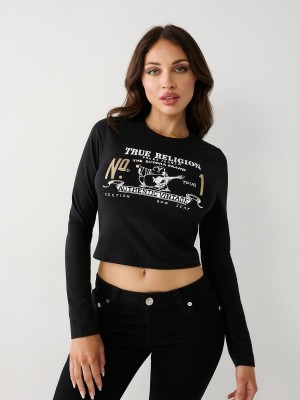 Camiseta True Religion Long Sleeve Logo Baby Negras | 49AUJXGCK