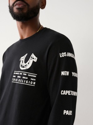 Camiseta True Religion Long Sleeve Logo Tour Negras | 23OGMVWKN