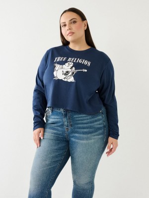 Camiseta True Religion Long Sleeve Logo Crop Navy/Sapphire | 05TDZPNUO