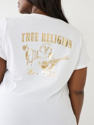 Camiseta True Religion Metallic Buddha Logo V Neck Blancas | 92PQCNLXY