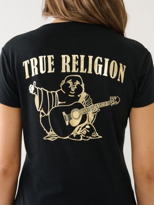 Camiseta True Religion Metallic Buddha Logo V Neck Negras | 57KNDXOSA