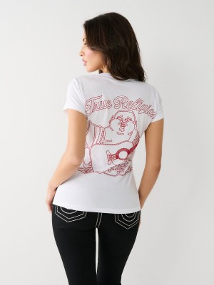 Camiseta True Religion Stitch Buddha V Blancas | 94PWSLQBG