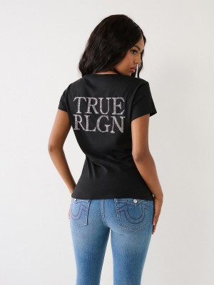 Camiseta True Religion Studded Logo V Negras | 73SOIYVEA