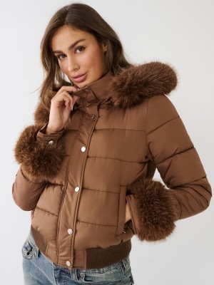 Chaqueta True Religion Faux Fur Trim Puffer Marrones Oscuro | 51SHCYBUZ