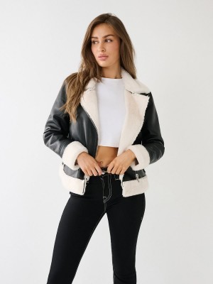 Chaqueta True Religion Shearling Faux Cuero Black/White | 36SFUJBCV