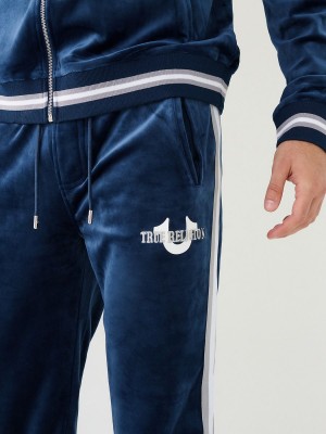 Pantalon True Religion Velour Logo Varsity Stripe Pista Navy/Sapphire | 65BLCXQWN