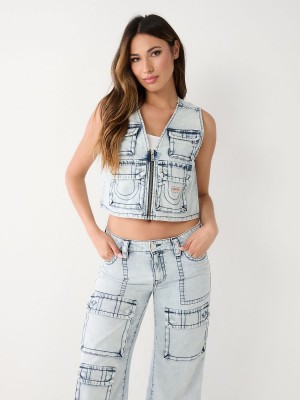 Ropa De Abrigo True Religion Crop Denim Utility Vest Azules Claro | 45DOUALJR