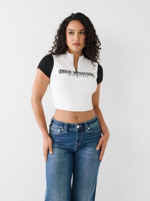 Tops True Religion Half Zip Crop Blancas | 30KGQZDPR