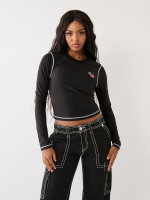 Tops True Religion Long Sleeve Logo Negras | 79NAOQKMD