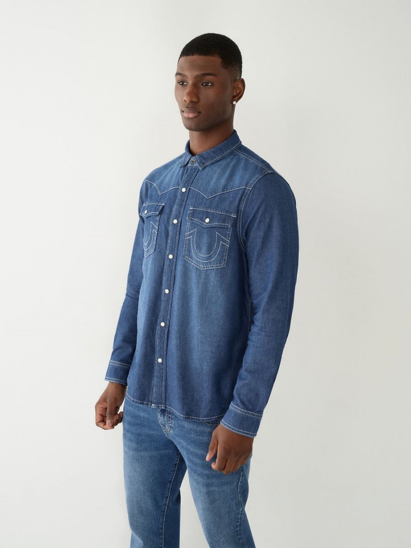 Camisas True Religion Chambray Western Azules Oscuro Azules | 91GNBAMCT