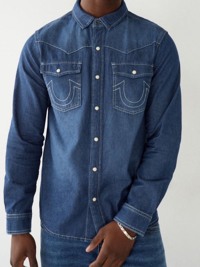 Camisas True Religion Chambray Western Azules Oscuro Azules | 91GNBAMCT