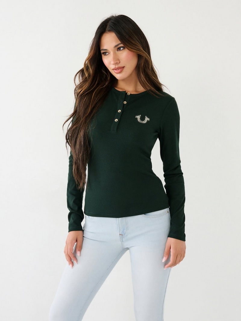 Camisas True Religion Crystal Horseshoe Logo Henley Verde Menta Verde | 58GVUPKNS