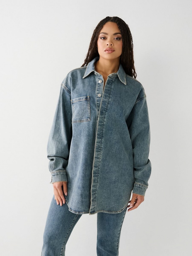 Camisas True Religion Oversized Denim Azules | 21TQUHSOC