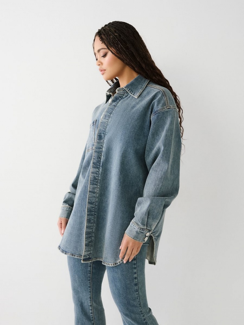 Camisas True Religion Oversized Denim Azules | 21TQUHSOC