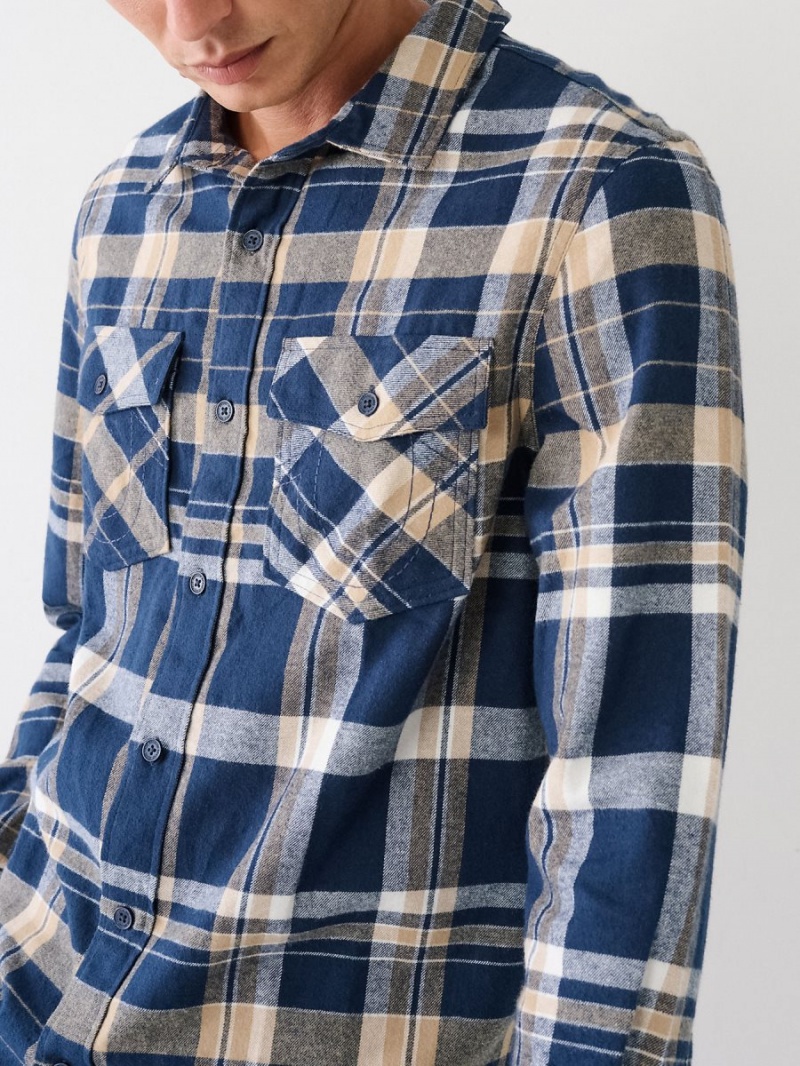 Camisas True Religion Plaid Flannel Blue/Cream | 13VZAEUNY