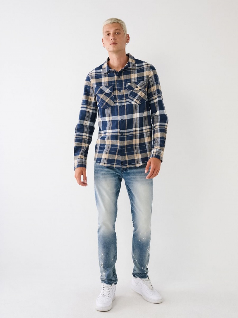 Camisas True Religion Plaid Flannel Blue/Cream | 13VZAEUNY