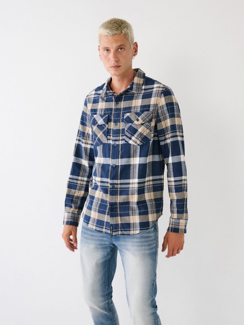 Camisas True Religion Plaid Flannel Blue/Cream | 13VZAEUNY