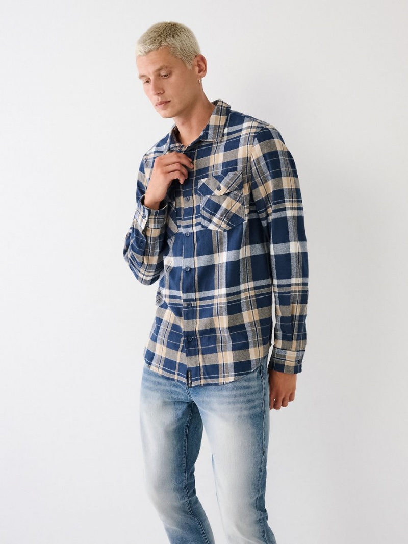 Camisas True Religion Plaid Flannel Blue/Cream | 13VZAEUNY