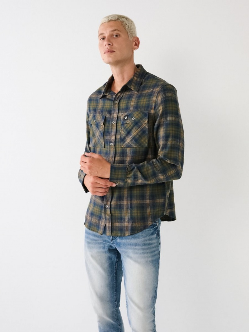 Camisas True Religion Plaid Flannel Verde | 81OXNHRGY