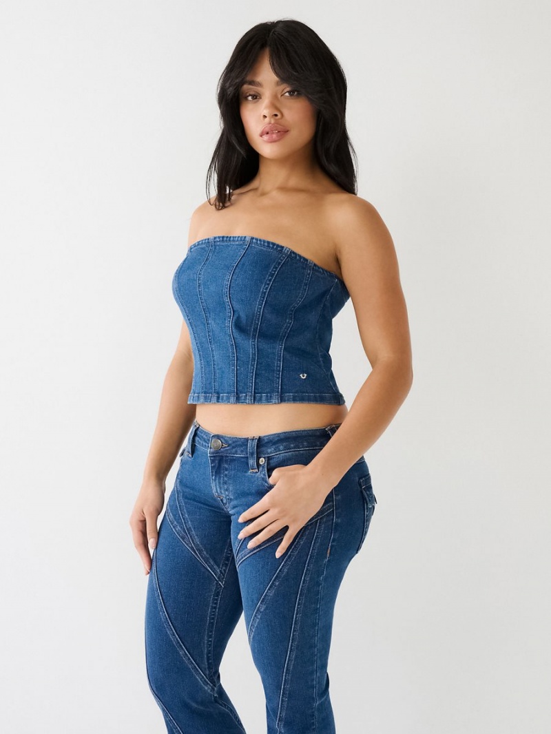 Camisas True Religion Seaming Denim Bustier Azules Oscuro | 72UQZCVDP