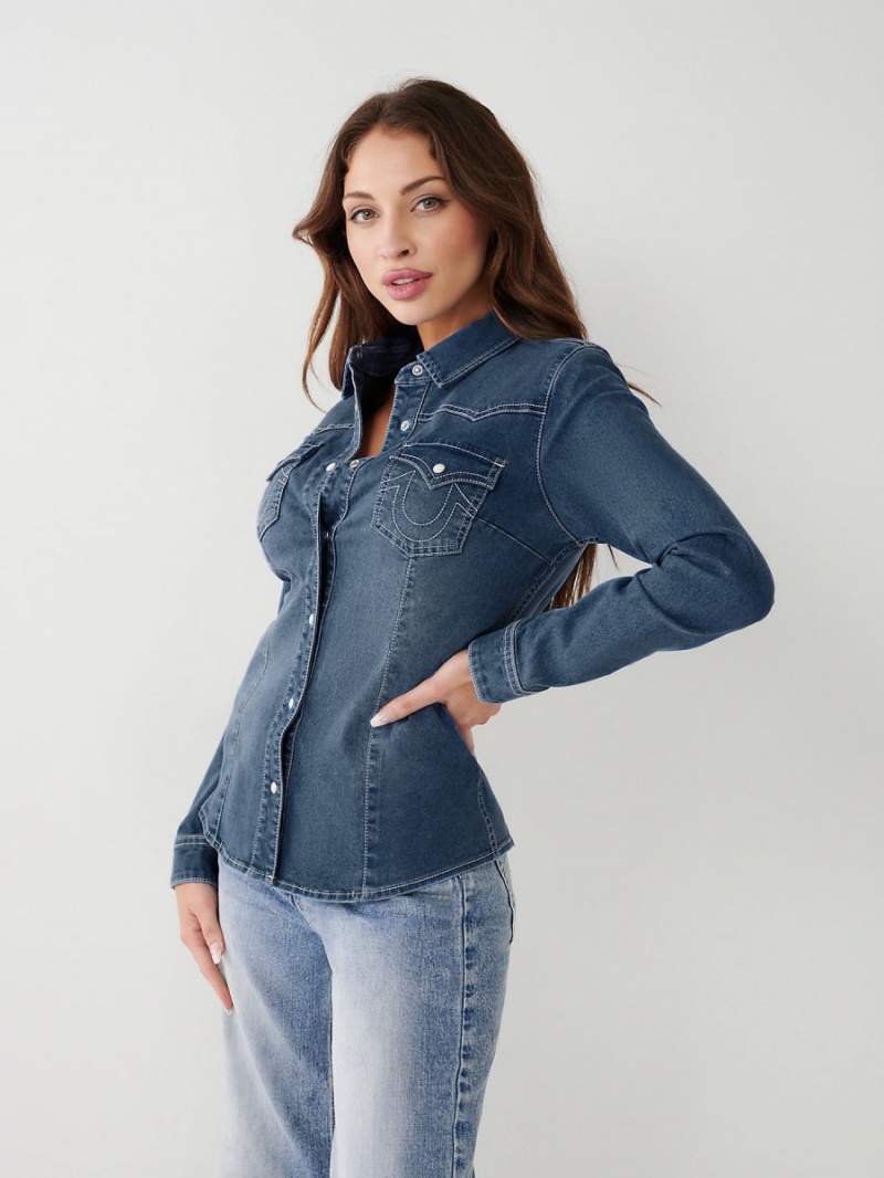 Camisas True Religion Western Denim Azules Oscuro Azules | 67PJKVCBZ