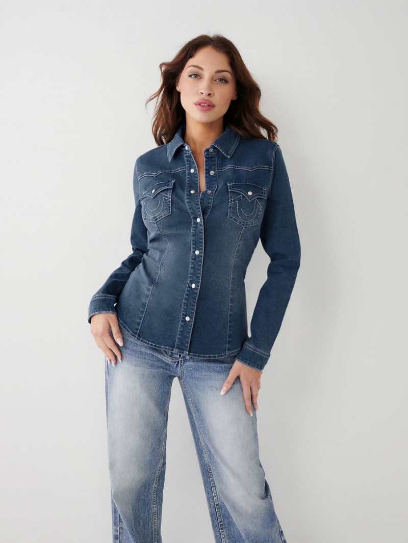 Camisas True Religion Western Denim Azules Oscuro Azules | 67PJKVCBZ