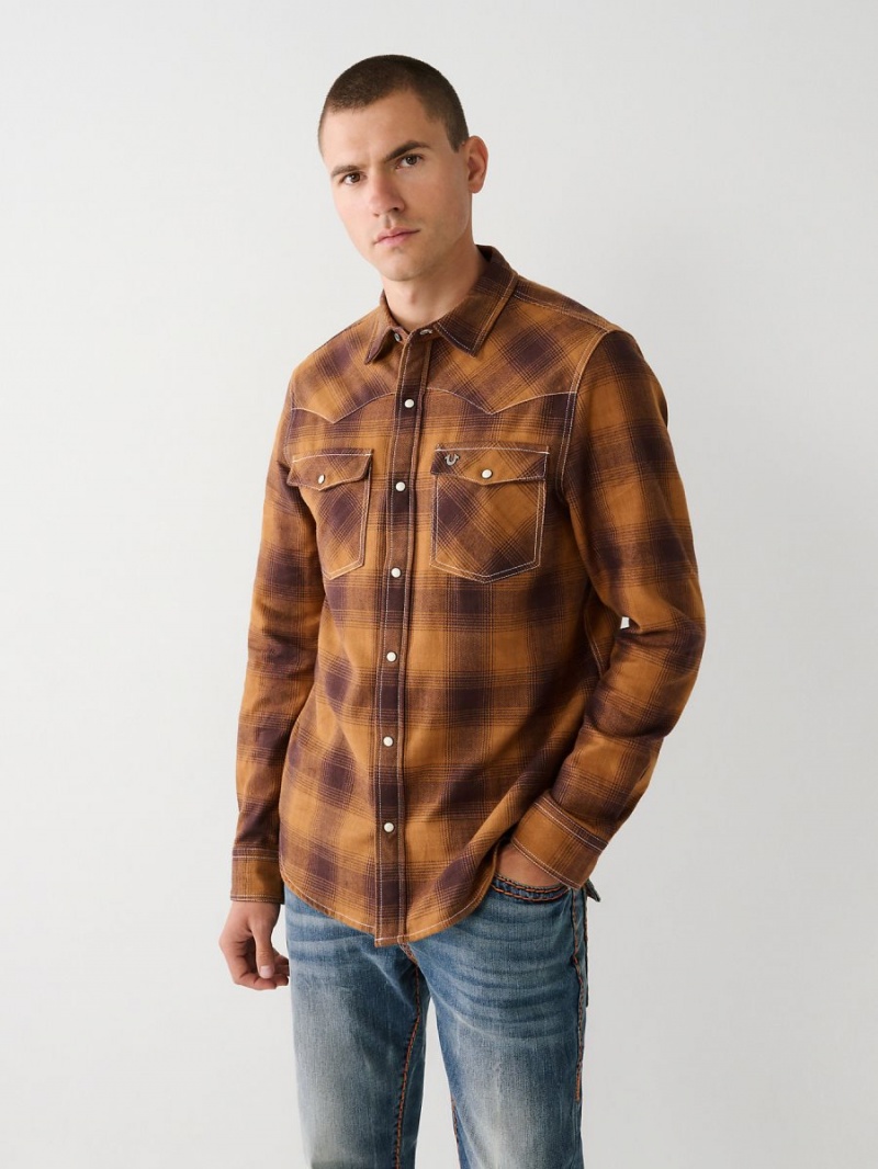 Camisas True Religion Western Plaid Flannel Curry | 78KMQNLPY