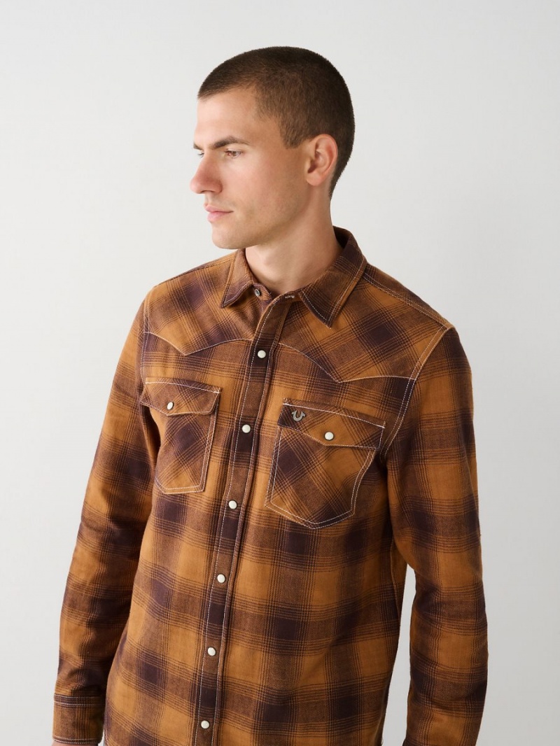 Camisas True Religion Western Plaid Flannel Curry | 78KMQNLPY