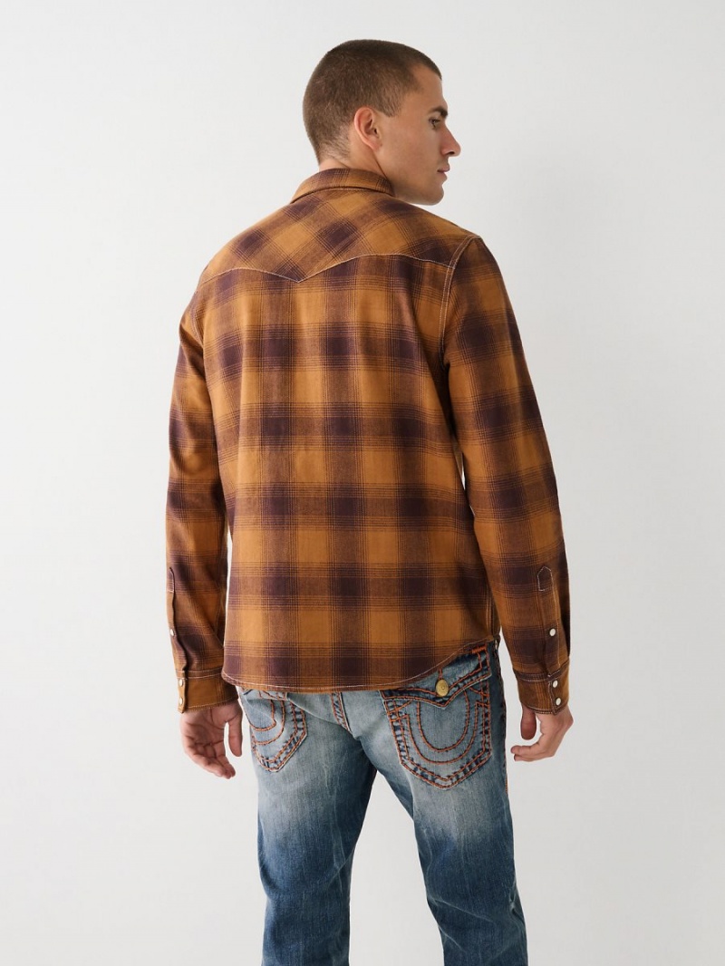 Camisas True Religion Western Plaid Flannel Curry | 78KMQNLPY