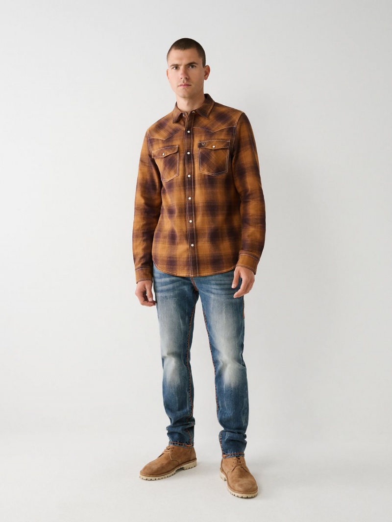 Camisas True Religion Western Plaid Flannel Curry | 78KMQNLPY