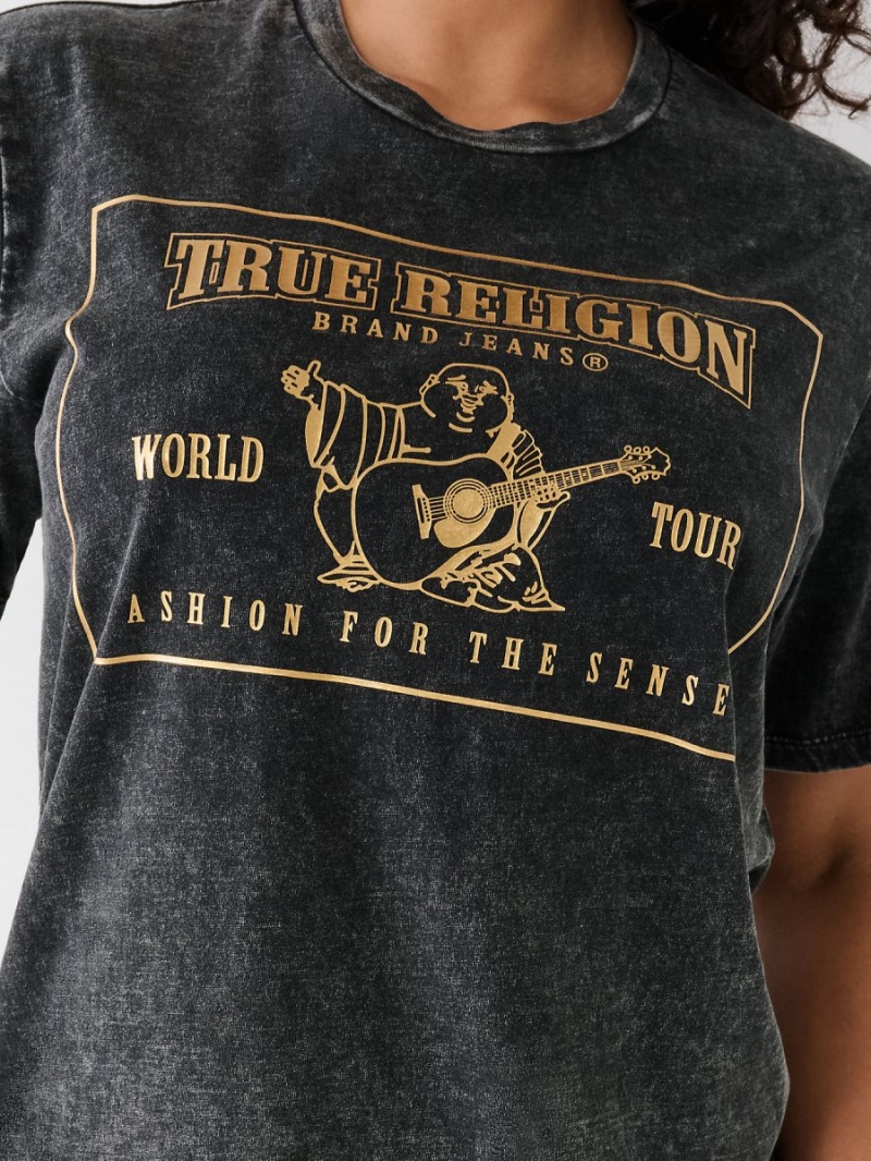 Camiseta True Religion Acid Wash Logo Relaxed Negras | 76YQATUIX