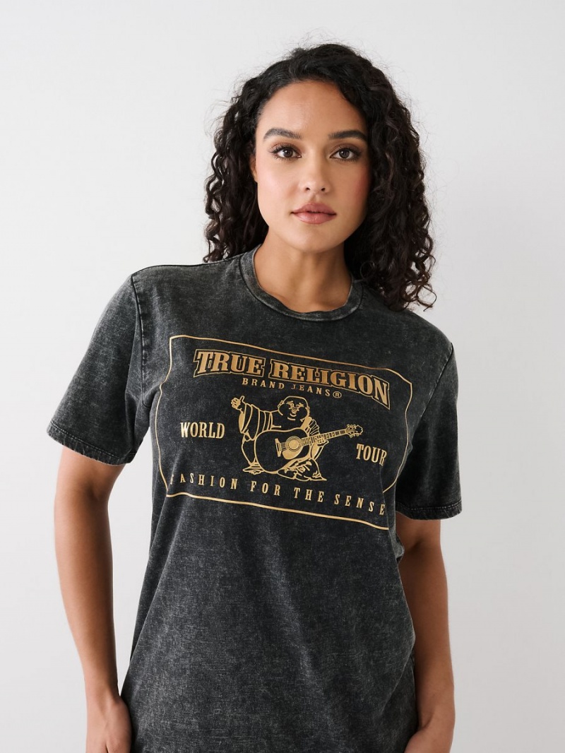 Camiseta True Religion Acid Wash Logo Relaxed Negras | 76YQATUIX