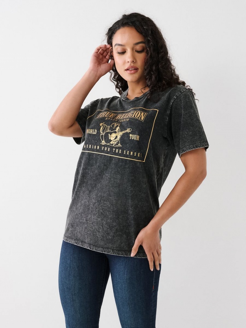 Camiseta True Religion Acid Wash Logo Relaxed Negras | 76YQATUIX