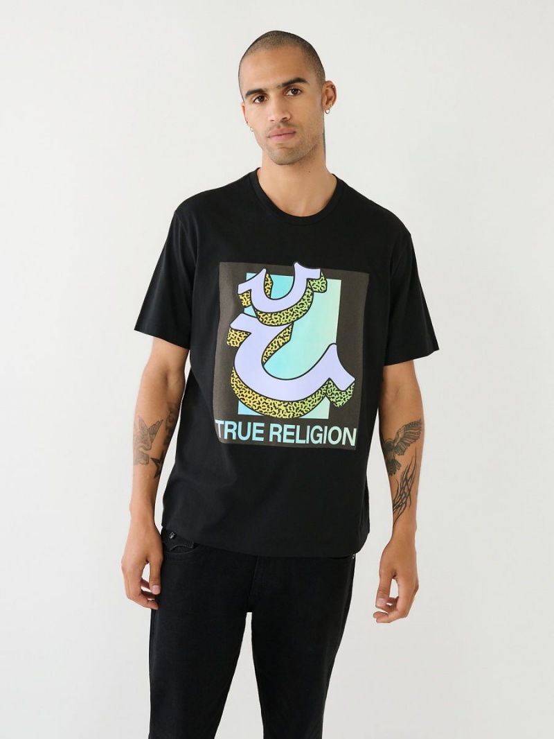 Camiseta True Religion Channel Estampadas Relaxed Negras | 76DKJNUSM