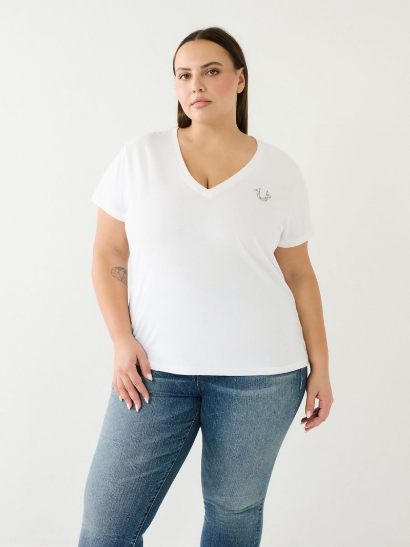 Camiseta True Religion Crystal Buddha Logo V Neck Blancas | 59MLOYKIT