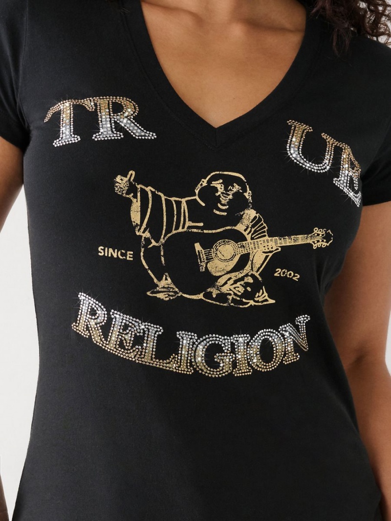 Camiseta True Religion Crystal Buddha V Negras | 57LITJZPK