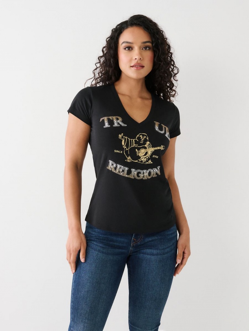 Camiseta True Religion Crystal Buddha V Negras | 57LITJZPK