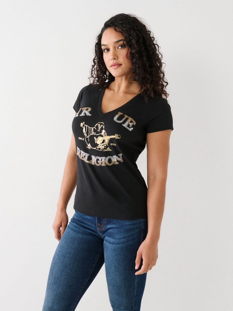 Camiseta True Religion Crystal Buddha V Negras | 57LITJZPK