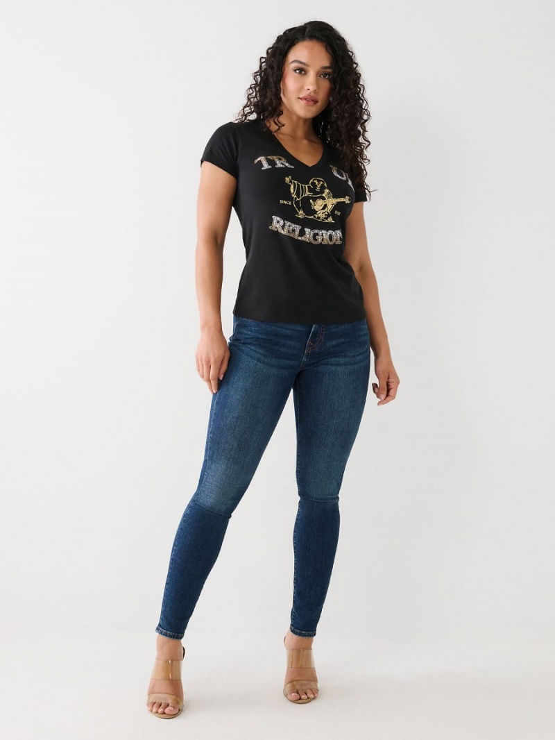 Camiseta True Religion Crystal Buddha V Negras | 57LITJZPK