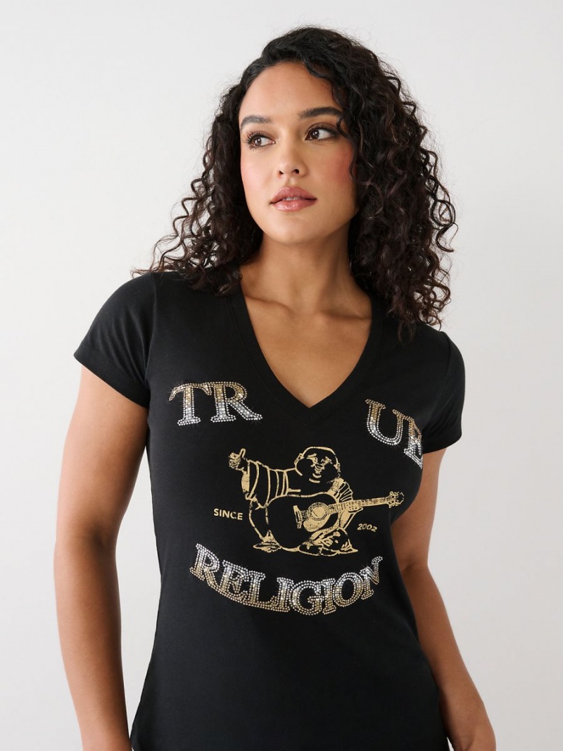 Camiseta True Religion Crystal Buddha V Negras | 57LITJZPK