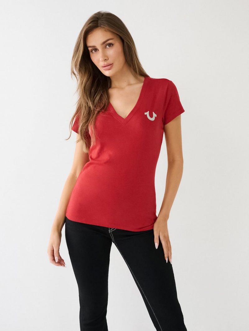 Camiseta True Religion Crystal Horseshoe Logo V Neck Rojas | 24RJCUBMN