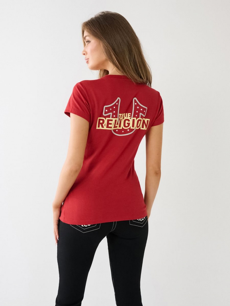 Camiseta True Religion Crystal Horseshoe Logo V Neck Rojas | 24RJCUBMN