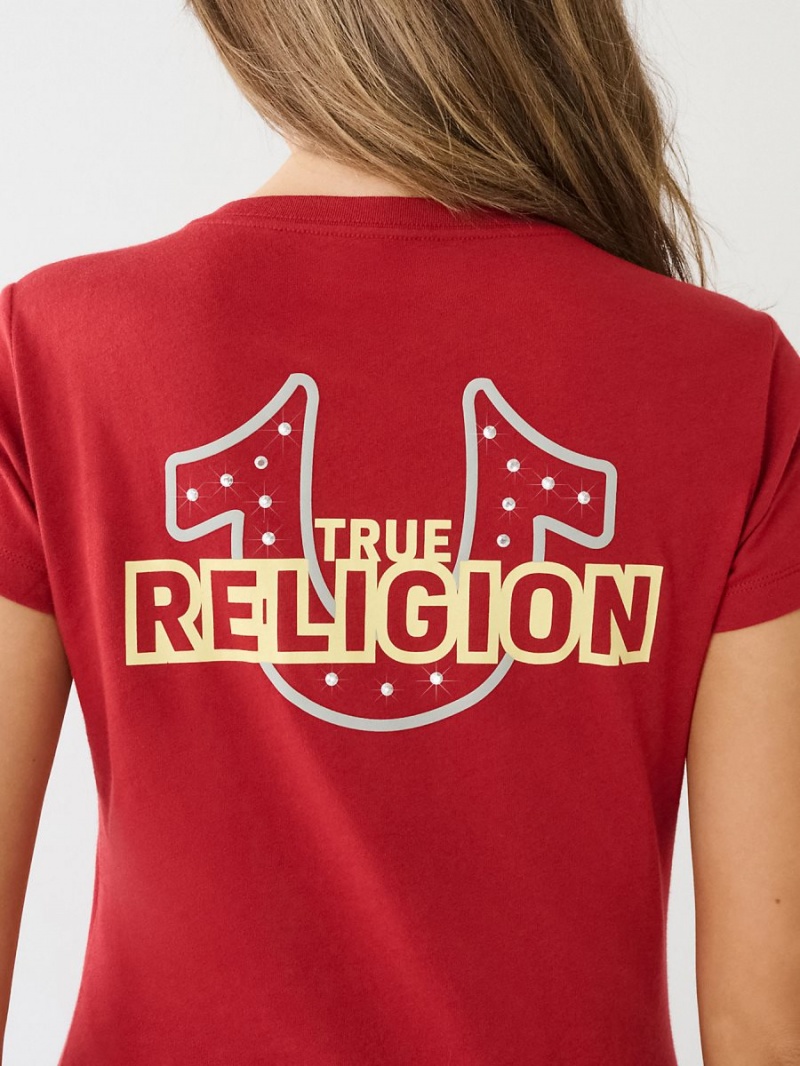 Camiseta True Religion Crystal Horseshoe Logo V Neck Rojas | 24RJCUBMN