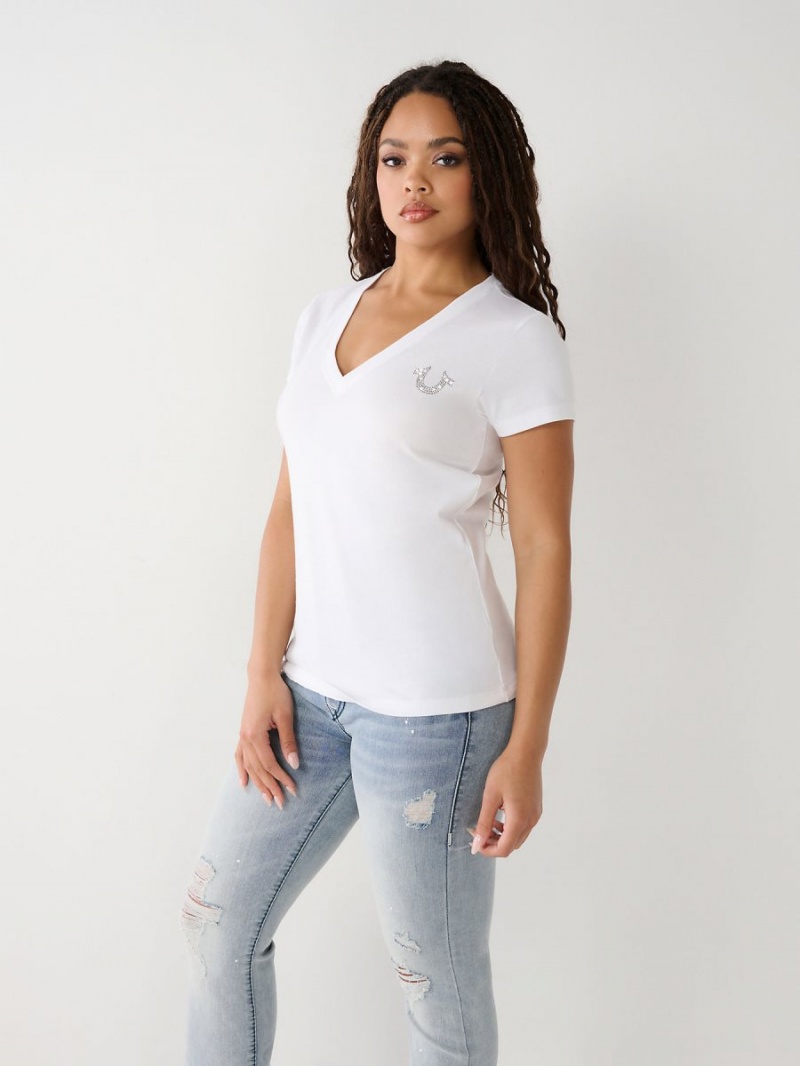 Camiseta True Religion Crystal Horseshoe V Blancas | 56SKVALHD